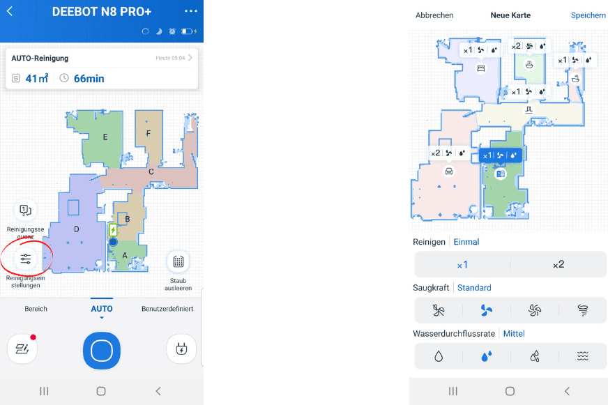 Saugstufe und Wasserabgabemenge wird beim Deebot N8 pro Raum festgelegt